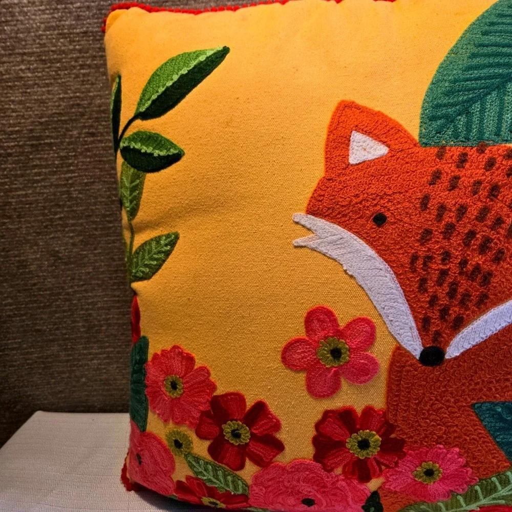 Karma Living Garden Fox Throw Pillow Embroidered Woodland Details‎ Yellow